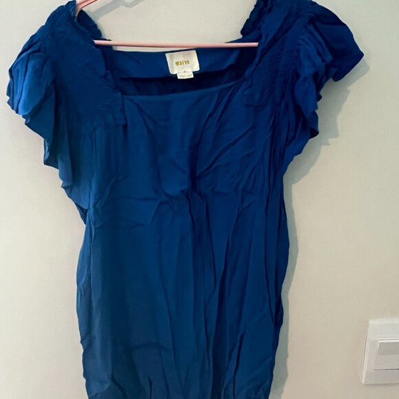 Maeve Anthropologie Epaulet Blue Ruffle Sleeve Square NeckTop Blouse size 12 - Picture 5 of 11